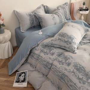 Hot-selling 4-pieces textile blue printing 2m/2.2m bedsheet flat sheets 1.8m quilt cover washed cotton bedding set manufacture