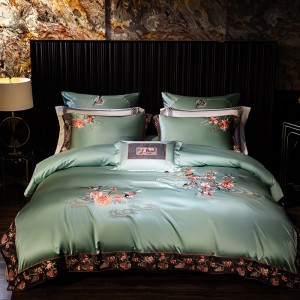 Hot selling sateen cotton 4-pieces textile ODM coverlets green embroidery bedsheets simple style bed linen bedding set wholesaler