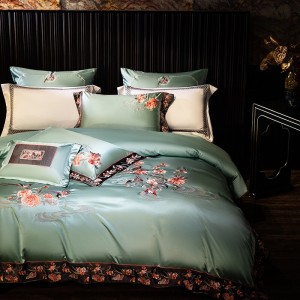 Hot selling sateen cotton 4-pieces textile ODM coverlets green embroidery bedsheets simple style bed linen bedding set wholesaler