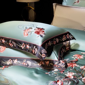 Hot selling sateen cotton 4-pieces textile ODM coverlets green embroidery bedsheets simple style bed linen bedding set wholesaler
