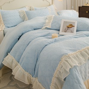 Winter warm velvet comforter duvet cover lace pillowslip milk fleece coverlets king size bedding set