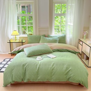High-quality green solid color milk fleece quilt cover warm bed linen queen size bedding set wholesaler