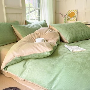 High-quality green solid color milk fleece quilt cover warm bed linen queen size bedding set wholesaler
