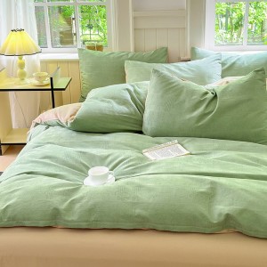 High-quality green solid color milk fleece quilt cover warm bed linen queen size bedding set wholesaler
