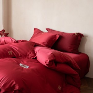 High-quality wedding cotton red embroidery bed sheets exquisite single size quilt cover home textile bedding set manufacture