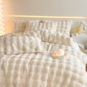 Warm fleece 4-pieces home textile solid color duvet cover ruffles pillow shams solid color flat sheets queen size bedding set