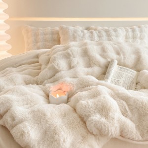 Warm fleece 4-pieces home textile solid color duvet cover ruffles pillow shams solid color flat sheets queen size bedding set