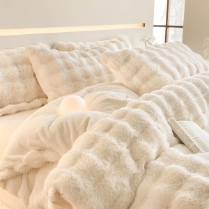 Warm fleece 4-pieces home textile solid color duvet cover ruffles pillow shams solid color flat sheets queen size bedding set