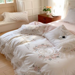 Light luxury lace embroidery quilt cover soft bed linen double coverlets pink lyocell bed sheets bedding set
