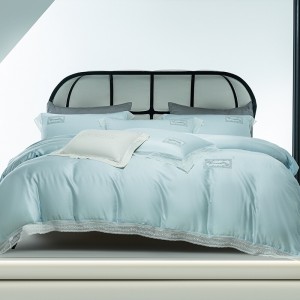 Light luxury lyocell bed linen exquisite king size house blue embroidery comforter cover bedroom bedding set wholesaler