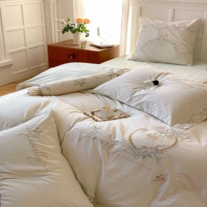 Light green bed sheets embroidery quilt cover lyocell cotton bedding set