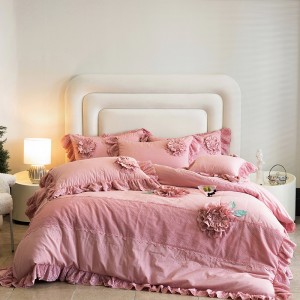 High-quality washed cotton pink bed sheets exquisite single size lace quilt cover home textile bedding set manufacture