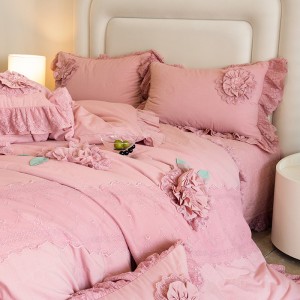 High-quality washed cotton pink bed sheets exquisite single size lace quilt cover home textile bedding set manufacture