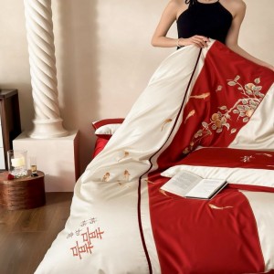 100S long staple cotton embroidery duvet cover bed sheets red bedding set