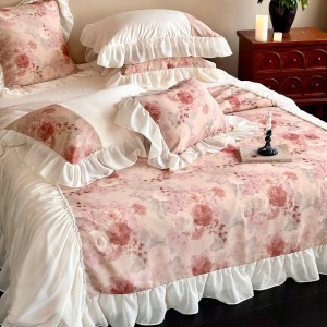 Premium quality 100S Lyocell cotton duvet cover pink ruffles digital printing bedding set supplier