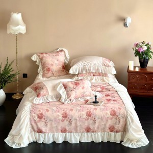 Premium quality 100S Lyocell cotton duvet cover pink ruffles digital printing bedding set supplier