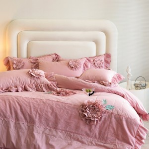 High-quality washed cotton pink bed sheets exquisite single size lace quilt cover home textile bedding set manufacture