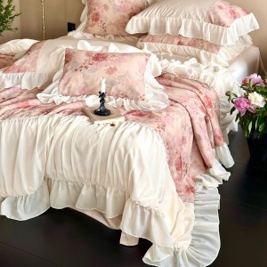 Premium quality 100S Lyocell cotton duvet cover pink ruffles digital printing bedding set supplier