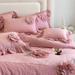High-quality washed cotton pink bed sheets exquisite single size lace quilt cover home textile bedding set manufacture
