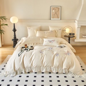 Hot-selling 4-pieces textile embroidery 2m/2.2m white bedsheet flat sheets ruffles quilt cover premium bedding set manufacture