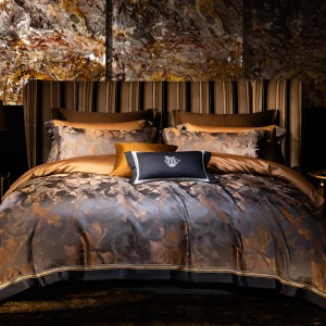 Hot-selling 4-pieces textile leaves printing 2m/2.2m bedsheet flat sheets 1.8m brown cotton quilt cover premium bedding set manufacture