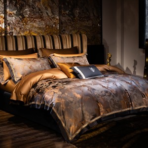 Hot-selling 4-pieces textile leaves printing 2m/2.2m bedsheet flat sheets 1.8m brown cotton quilt cover premium bedding set manufacture