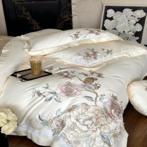 Light luxury 100s cotton floral plant embroidery quilt cover white bed sheets bedding set