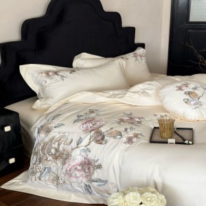 Light luxury 100s cotton floral plant embroidery quilt cover white bed sheets bedding set