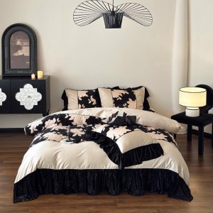 Premium quality 50S long staple cotton black ruffles duvet cover lace bedding set supplier