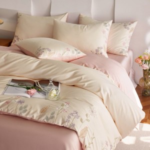 Pink bed sheets floral plant embroidery duvet quilt cover 100s long staple cotton bedding set
