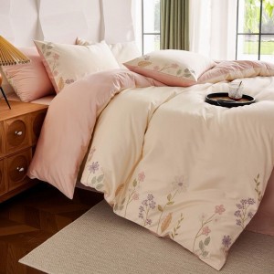 Pink bed sheets floral plant embroidery duvet quilt cover 100s long staple cotton bedding set