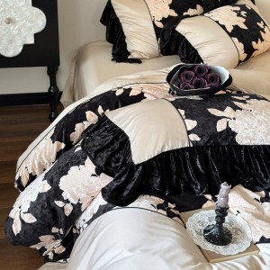 Premium quality 50S long staple cotton black ruffles duvet cover lace bedding set supplier