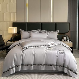 High end embroidery hollow bed quilt cover 80s long staple cotton bed sheets grey bedding set