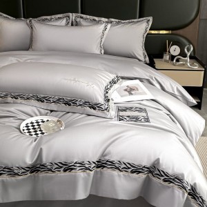 High end embroidery hollow bed quilt cover 80s long staple cotton bed sheets grey bedding set