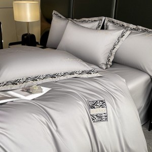High end embroidery hollow bed quilt cover 80s long staple cotton bed sheets grey bedding set