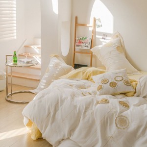 Lemon yellow double yarn home textile embroidery quilt cover super soft bed sheets bedding set