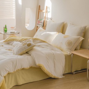 Lemon yellow double yarn home textile embroidery quilt cover super soft bed sheets bedding set