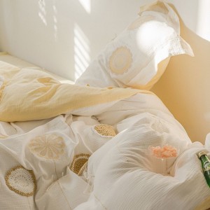 Lemon yellow double yarn home textile embroidery quilt cover super soft bed sheets bedding set