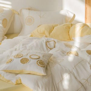 Lemon yellow double yarn home textile embroidery quilt cover super soft bed sheets bedding set