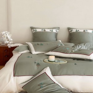 Cute cartoon embroidery duvet cover green silky bed sheets 80s lyocell bedding set