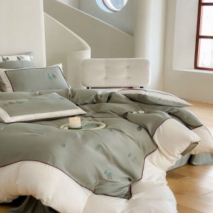 Cute cartoon embroidery duvet cover green silky bed sheets 80s lyocell bedding set