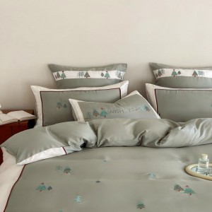 Cute cartoon embroidery duvet cover green silky bed sheets 80s lyocell bedding set