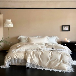 Luxury champagne 100s lyocell cotton duvet cover bed sheets lace bedding set
