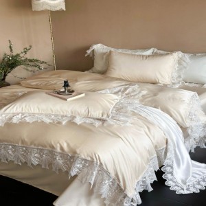 Luxury champagne 100s lyocell cotton duvet cover bed sheets lace bedding set