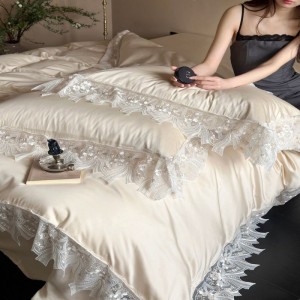 Luxury champagne 100s lyocell cotton duvet cover bed sheets lace bedding set