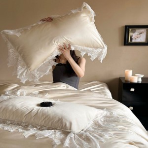 Luxury champagne 100s lyocell cotton duvet cover bed sheets lace bedding set