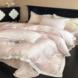 Plain color 100s lyocell cotton home textile pink duvet quilt cover lace bedding set