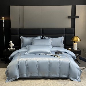 Hot-selling blue 4-pieces textile embroidery 2m/2.2m 140S Pima cotton bedsheet flat sheets 1.8m quilt cover premium bedding set manufacture