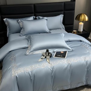 Hot-selling blue 4-pieces textile embroidery 2m/2.2m 140S Pima cotton bedsheet flat sheets 1.8m quilt cover premium bedding set manufacture