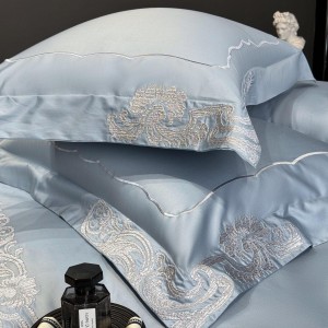 Hot-selling blue 4-pieces textile embroidery 2m/2.2m 140S Pima cotton bedsheet flat sheets 1.8m quilt cover premium bedding set manufacture